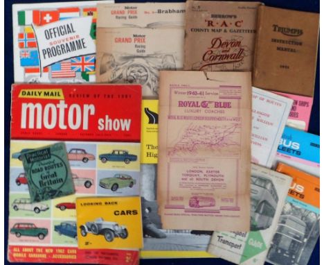 Ephemera, Motoring, a qty. of items to include 1940/41 Royal Blue timetable for London to South Devon, Official Souvenir Prog