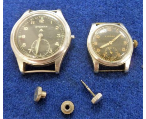 Military Wrist Watches, 2 Eterna wrist watches. 1 approx. 3.5 cm black face with Broad Arrow stamp and engraved 'W.W.W. P 126