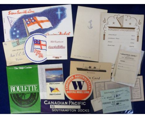 Ephemera, Early 20thC Cruise Ship items to include promenade deck ticket, bar tariff, table reservation, ticket, concert prog