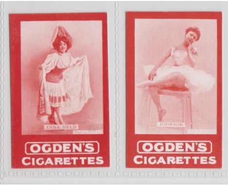 Cigarette cards, Ogden's, Actresses, Tabs Type issues, two cards, both with fronts in red, 'Anna Held' &amp; 'Johnson' (gd/vg