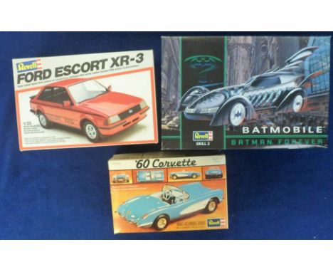 Revell Model Kits, 3 unmade kits comprising Ford Escort XR-3, Batmobile and '60 Corvette (sealed in bags, boxes a little age 