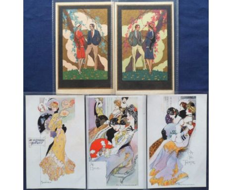 Postcards, Art Nouveau, 3 cards by A K MacDonald, 'At Home', 'At the Theatre' &amp; 'At a Garden Party', all u.b's, (vg/ex) s