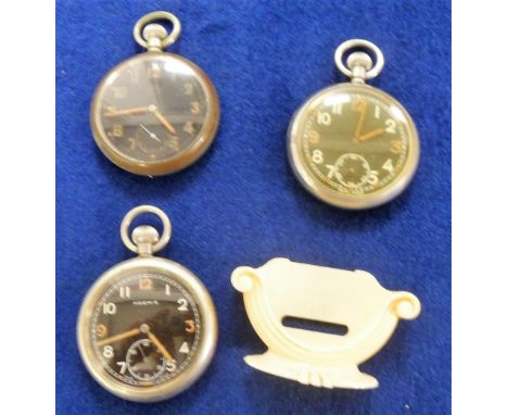 Military Pocket Watches, 3 watches to comprise 1 Moeris approx. 5cm black face engraved to back is 'G.S.T.P. 148408' with a B