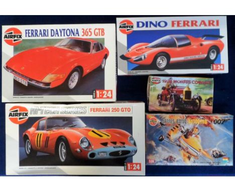 Airfix Model Kits, 5 unmade kits comprising Ferrari Daytona, Ferrari 250 GTO, Ferrari Dino, Morris Cowley and James Bond 007 