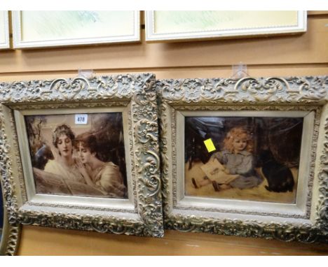 Two vintage oiliographs - young girl with cat & two females reading