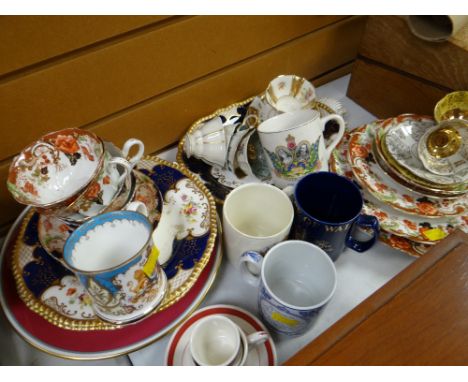 Parcel of mixed china including Royal Commemorative mugs, Spode mug, vintage Staffordshire teaware
