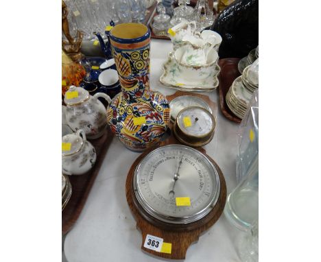 A vintage oak thermometer & barometer together with another & a continental vase