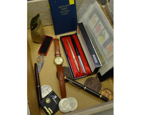 Box of various collectables including Parker fountain pen, propelling pencil, commemorative coins, 1976 concord commemorative