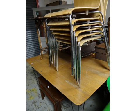 A 1970s light oak & metal legged dining table together with six matching bent oak & chrome legged chairs