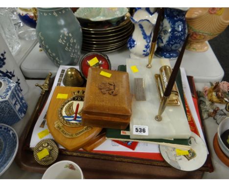 Tray of military ephemera including desk blotter, pen stand etc relating to the Welch Regiment