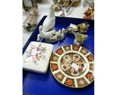 A Royal Crown Derby Imari tea plate, Royal Crown Derby 'Posies' lidded box, Lladro & Nao geese figures together with two Roya