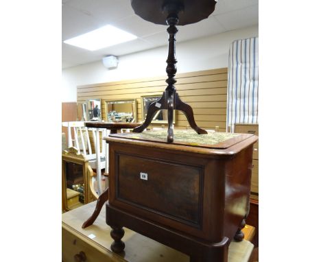 A vintage mahogany commode / stool, two reproduction tripod tables