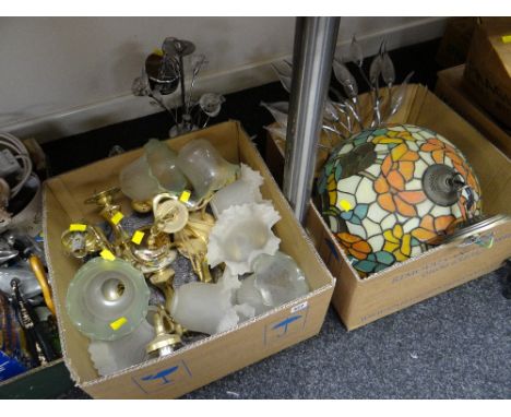 Collection of various light fittings including a Tiffany-style ceiling light, wall lights & shades