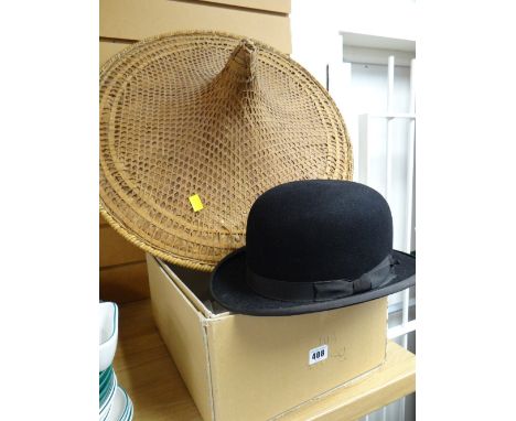 A vintage Austin Reed bowler hat & two Chinese wicker field workers hatscondition report:The hats are in excellent conditionR