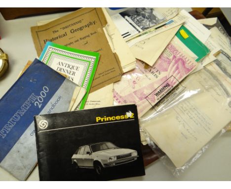 A tray of various ephemera including Austin Princess Triumph 2000 owner's manuals, theatre programmes, share purchases etc