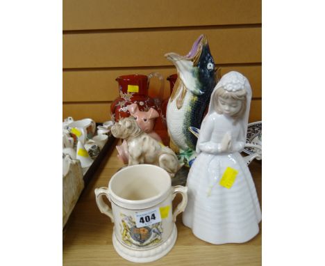 Crown Devon bulldog figure, Nao figure of a young girl, Natwest pig, two ruby glass & decorated jugs