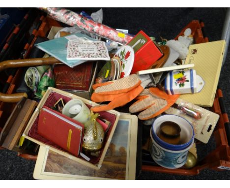 Crate of various household items including umbrellas, walking stick, place mats, ornaments etc