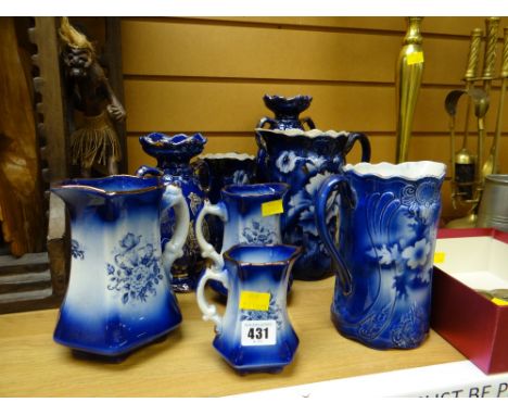 A parcel of vintage Staffordshire blue & white jugs & vases
