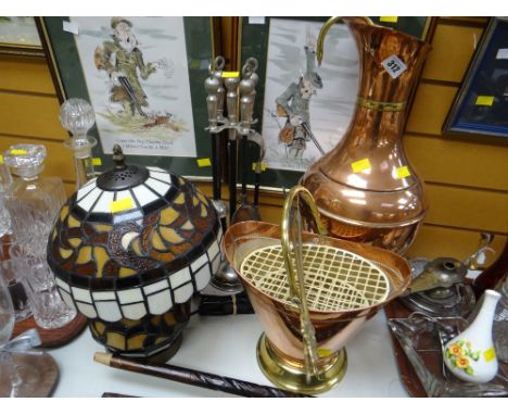 A Tiffany-style table lamp, copper urn & bucket, companion set