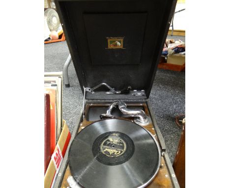 A vintage 'His Master's Voice' wind up gramophone together with a vintage Mullard mahogany cased radio E/T