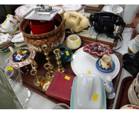Tray of various collectables including Poole butter dish, Royal Worcester cake plate, brass candlesticks, various planters
