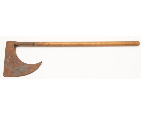 An old copy of a headsman's axe, 39" haft with large steel head; also a recurved leather covered bow and one armour piercing 