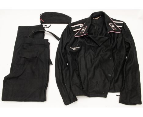 A good quality copy of a Panzer Mans black uniform, comprising field cap, pink piped blouse and pair of trousers. VGC £60-70 
