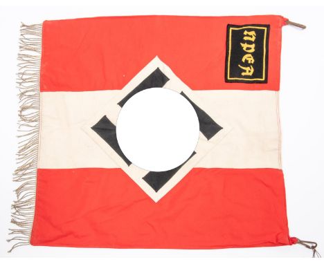 A scarce NPEA trumpet banner, 17" x 17", with applique swastika panel and "NPEA" panel in corner; silver wire fringe and meta