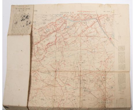 A WWI trench map of Wytschaete, 1-10000 dated 1.4.17; another of Belgium, 1-20000, dated 18.7.17; 3 aerial trench photos, a m