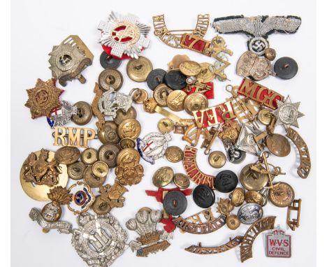 A small quantity of military badges, buttons, etc, including cap badges of the Royal Dublin Fusiliers, Leinster Regt, and Ed 