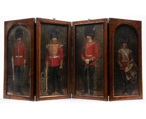 An interesting 4 panel folding screen, consisting of double sided glazed oak panels containing Simkin illustrations of Grenad