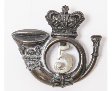 A Victorian blackened brass bugle shako badge, with QVC and white metal "5" in the centre. GC £40-50 