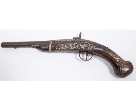 A relic late 17th century 30 bore holster pistol converted to percussion, the three stage barrel reduced to 9½", the octagona