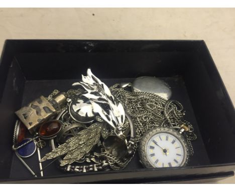 A quantity of silver jewellery to inc lapis earrings, ladies pocket watch and longguard; together with an amethyst bracelet a