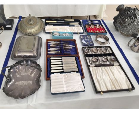 A box of silver plate to inc entree dishes, flatware etc