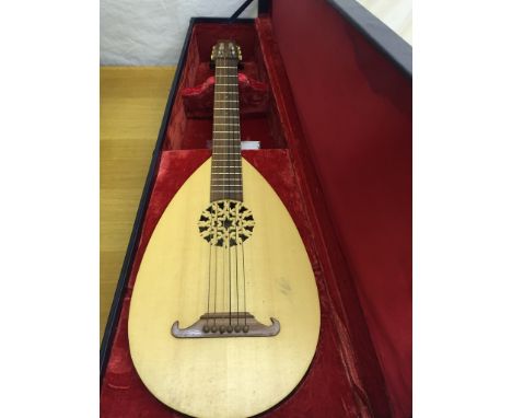 A cased modern six-string lute