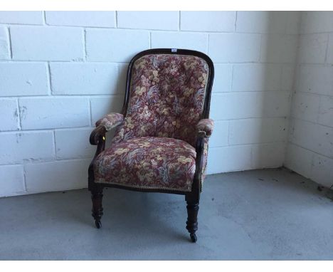 William IV rosewood open armchair with tapestry buttoned back upholstery on turned legs with ceramic casters, 103cm in overal