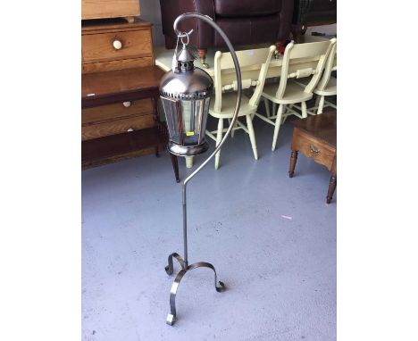 Contemporary brushed metal garden hanging lantern on tripod base, 123cm in overall height
