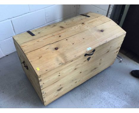 Antique pine dome topped trunk, with hinged lid and iron straps and handles, 94cm width, 55cm height, 53cm depth