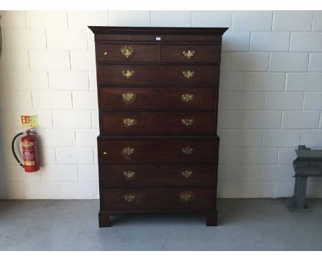 George III Mahogany Chest on chest, with two short and six long draws, brass swan neck handles, on bracket feet, 122cm width,