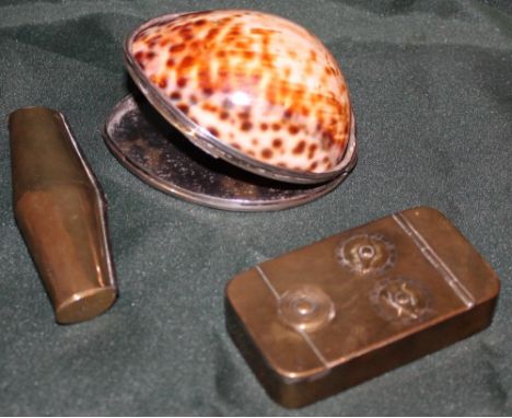 BRASS COMBINATION SNUFF BOX, SILVERED SHELL AND TORTOISHELL BOX AND A SMALL BRASS FLASK