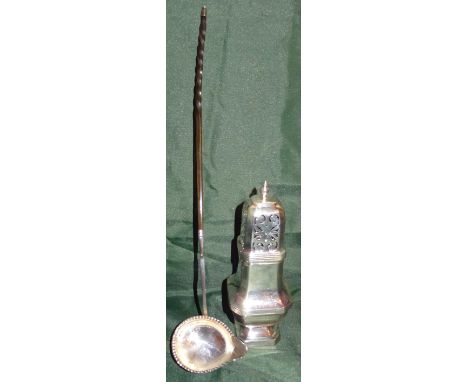 SILVER PLATED SUGAR SIFTER AND SILVER TODDY LADLE WITH WHALE BONE HANDLE