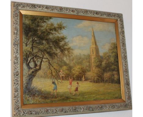 FRAMED OIL ON CANVAS OF CHILDREN PLAYING WITH CHURCH IN BACKGROUND SIGNED E. COSTIN ( PURPORTED TO BE ERNEST COSTIN ) 