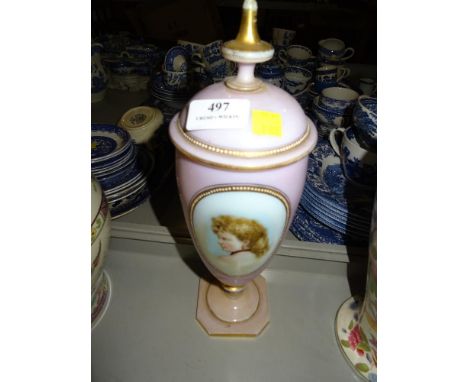 VICTORIAN PINK GLASS LIDDED VASE WITH LADY PORTRAIT