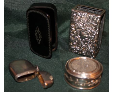 PAPIER MACHE SNUFF BOX, SILVERED PILL, SILVER VESTA CASE CHESTER 1901 AND SILVER MATCH BOX COVER, BIRMINGHAM 1902