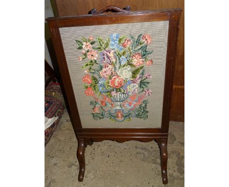20THC WOODEN FIRESCREEN DECORATED TAPESTRY CENTRE PANEL