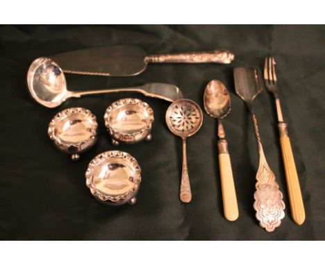 SILVER PLATED CAKE SLICE, PICKLE FORK, SERVING SPOON, STILTON GOUGE, THREE SALTS AND SUGAR SIFTER SPOON