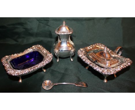 DECORATIVE SILVER TABLE CRUET SET WITH LION MASK AND PAD FEET, GLASS INSERTS TO THE MUSTARD AND SALT, PEPPER POT