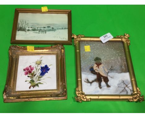 FRAMED PAINTED TILE, TWO FRAMED SMALL PICTURES OIL AND WATERCOLOUR