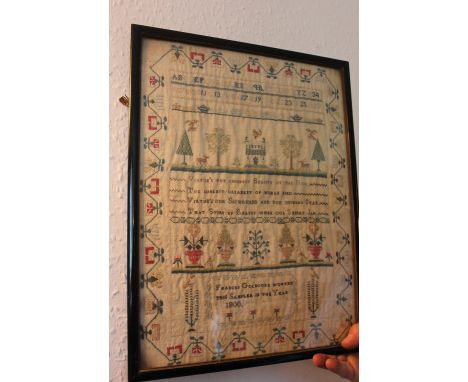 .FRAMED NEEDLEWORK SAMPLER DATED 1800 BY FRANCIS GOLBOURN